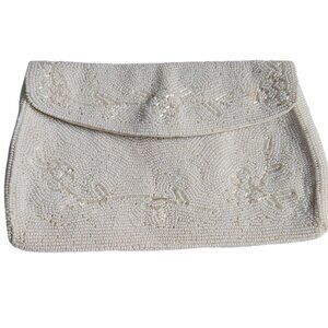 Vintage Hand-Beaded Ivory Clutch Purse Made in Japan Bridal bag